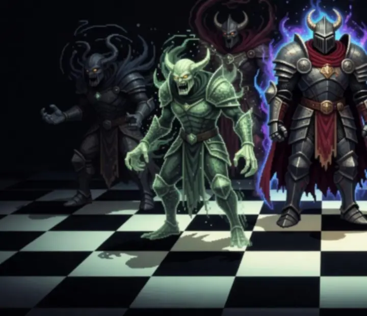 Pixel-artowa ilustracja głównych bossów Gambonanza stojących na rozświetlonej planszy.