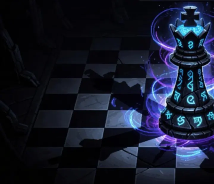 Pixel-artowy boss Król-Zaklinacz otoczony magicznymi polami na planszy