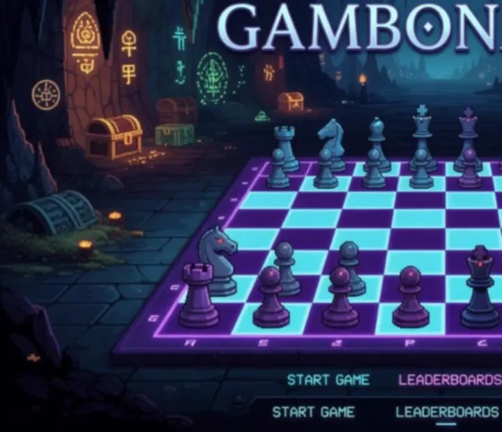 Pixel-artowa plansza Gambonanza z fantazyjnymi figurami szachowymi w stylu retro.