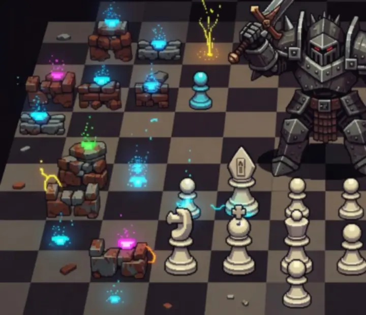 Plansza Gambonanza podczas walki z Żelaznym Rycerzem z zaznaczonymi defensywnymi barierami.