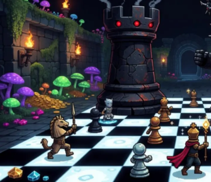 Epicka pixel-artowa bitwa z bossem na planszy Gambonanza z neonowymi efektami.
