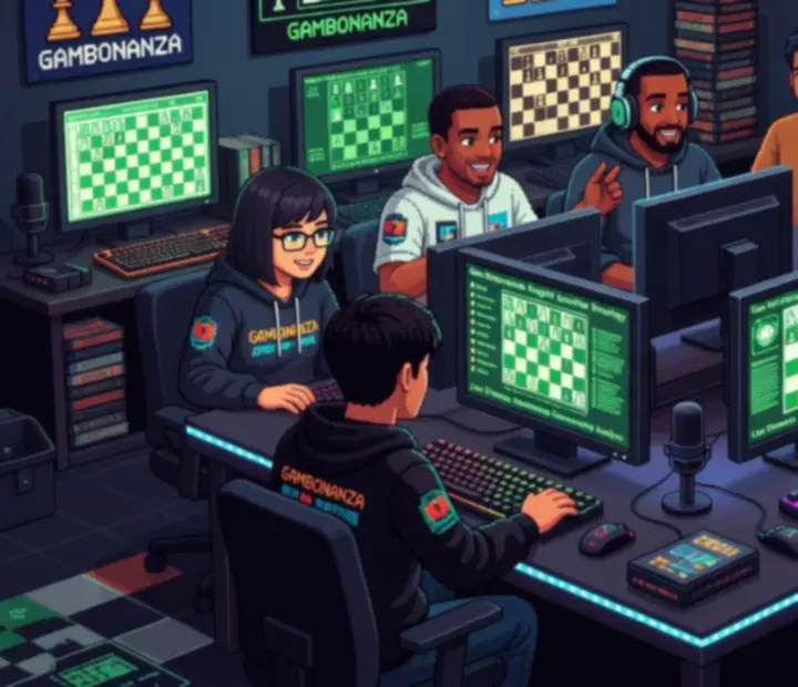 Zespół redakcyjny fanów Gambonanza pracujący nad poradnikami przy retro‑stylizowanych monitorach