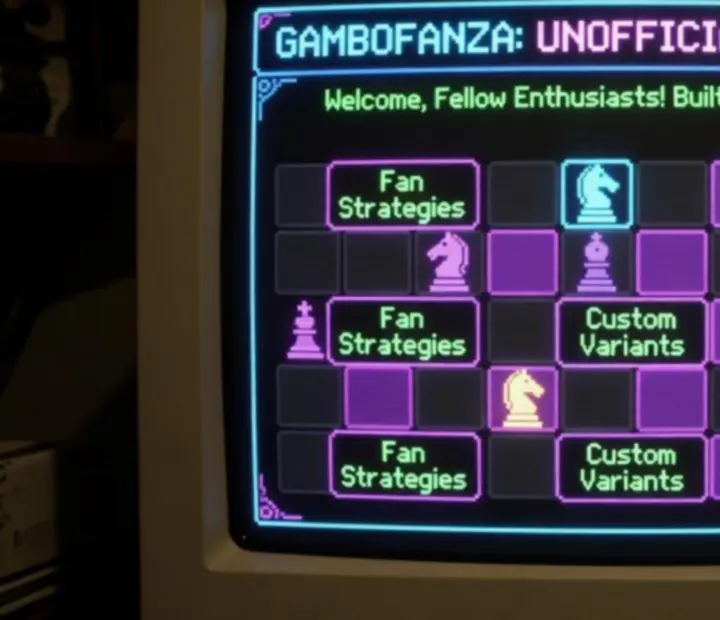 Retro pixel‑artowy portal fanowski z neonowymi akcentami i planszą przypominającą szachownicę
