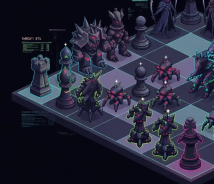 Pixel-artowa plansza taktyczna Gambonanza z wyróżnionymi polami ofensywnymi i defensywnymi